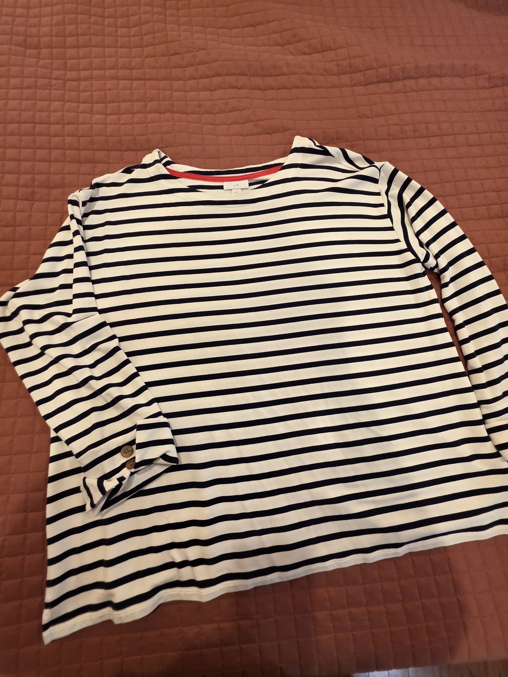 J. Jill Black and White Striped Top with Button Detail On Sleeves